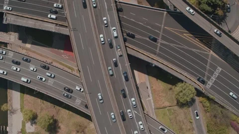 Overhead drone shot of traffic going along the Han river. Seoul Stock Footage 260782000