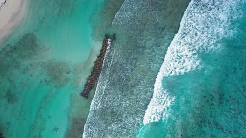 Overhead drone shot of waves and azure water, beach and hotel roof in Bridgetown Video stock 136389045