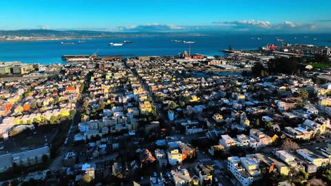 Overhead drone view of colorful Dogpatch and Potrero Hill rooftops toward Stock Footage 337462447