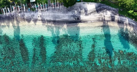 Overhead Drone View of Coral Reef and Black Sand Beach in Amed Bali Stock Footage 334428272