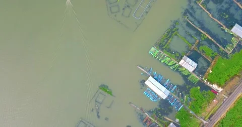 Overhead drone view of fish cage on the Rawa Pening lake, Semarang, Stock Footage 229216900