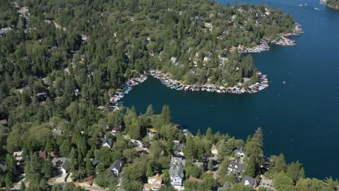 Overhead drone view of Lake Arrowhead forest and shore line Stock Footage 316160766