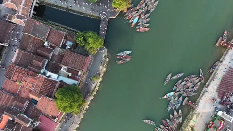 Overhead Drone View Moving Along Historic Riverside Town Stock Footage 336382172