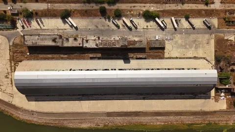 Overhead Drone View of Old Industrial Roof and Rooftop Machinery 4K 库存影片 346547166