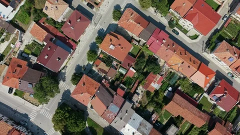 Overhead drone view of Razlog red roofs Bulgaria Stock-Footage 344058596