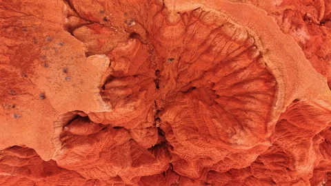 Overhead drone view of red sandstone erosion patterns, Spain. Top down Stock Footage 336385158