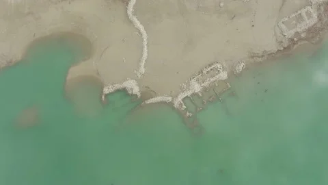 Overhead drone view  of the ruins resurfaced from the bottom of a reservoir. Stock Footage 214736326