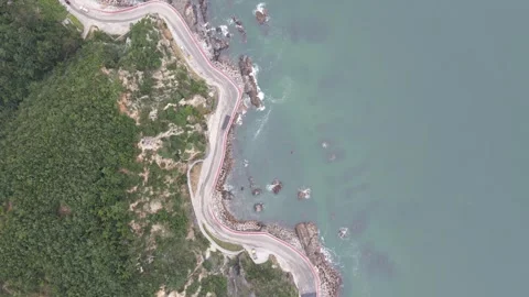 Overhead Drone View of Scenic Coastal Highway and Rocky Shore in Korea Stock Footage 343195123