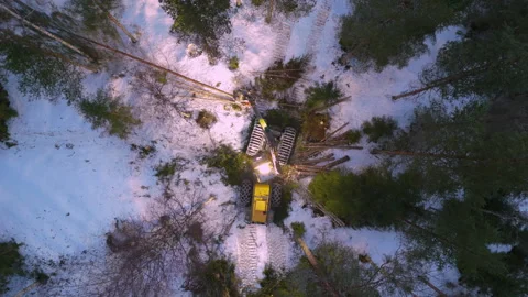 Overhead drone view of yellow harvester felling trees at night in snowy Stock Footage 270159634