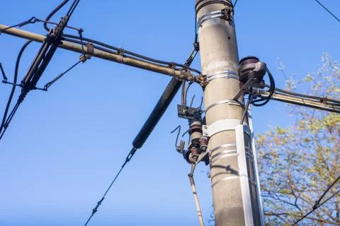 Overhead electrical power cables Stock Photos