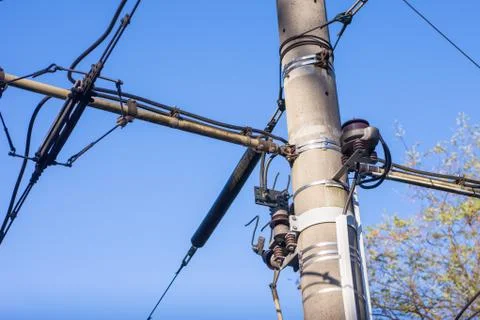 Overhead electrical power cables Stock Photos