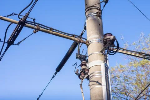 Overhead electrical power cables Stock Photos