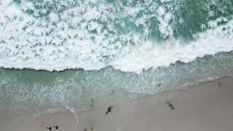 Overhead Elegance: Crystalline Waves Caress Sunlit Shores Stock Footage 252092839