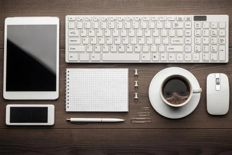 Overhead of essential office objects in order Stock Photos