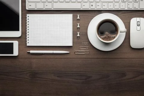 Overhead of essential office objects in order with copy space Stock Photos