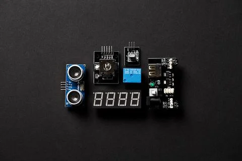 Overhead Flat Lay Shot Of Electronic Computer Components On Black Background Stock Photos