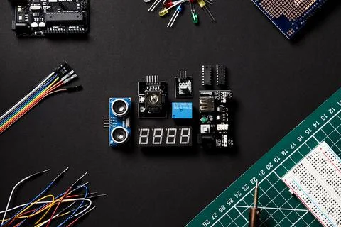 Overhead Flat Lay Shot Of Electronic Computer Components On Black Background Stock Photos