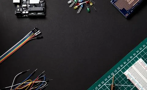 Overhead Flat Lay Shot Of Electronic Computer Components On Black Background Stock Photos