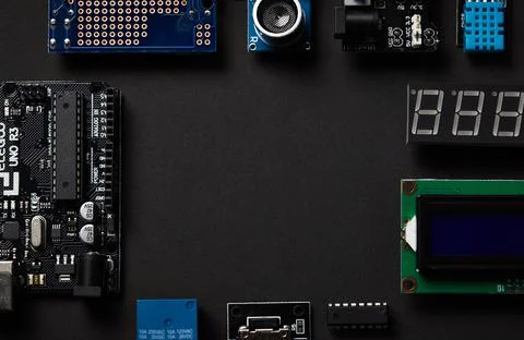 Overhead Flat Lay Shot Of Electronic Computer Components On Black Background Stock Photos