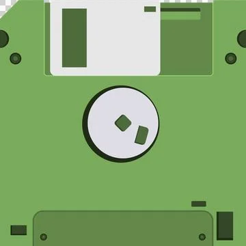 An overhead, flat vector graphic of a green 3.5-inch floppy disk, a storage.. Stock Illustration