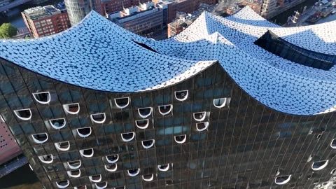 Overhead glide across Elbphilharmonie rooftop detail Stock Footage 336745785