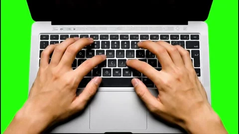 Overhead Hands Typing on Laptop Keyboard over Green Screen Stock Footage 317932925