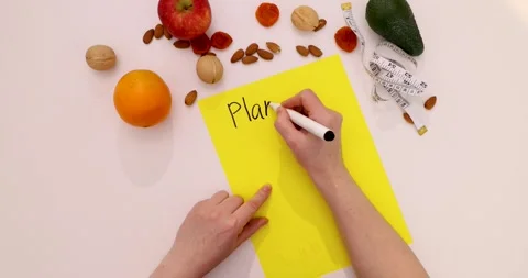 Overhead hands writing plan diet on yellow notecard surrounded by fruit nuts Video stock 340022941