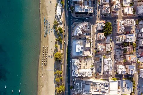 Overhead high angle view of city street, beach and embankment in Limassol Stock Photos