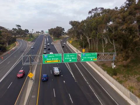 Overhead Highway Signs for Interstate 5 to SD and LA in Oceanside, California Stock Photos