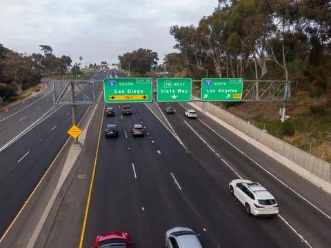 Overhead Highway Signs for Interstate 5 to SD and LA in Oceanside, California Stock Photos