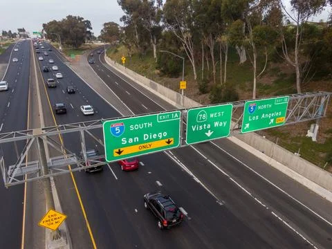Overhead Highway Signs for Interstate 5 to SD and LA in Oceanside, California Stock Photos