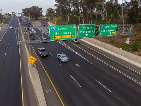 Overhead Highway Signs for Interstate 5 to SD and LA in Oceanside, California Stock Photos
