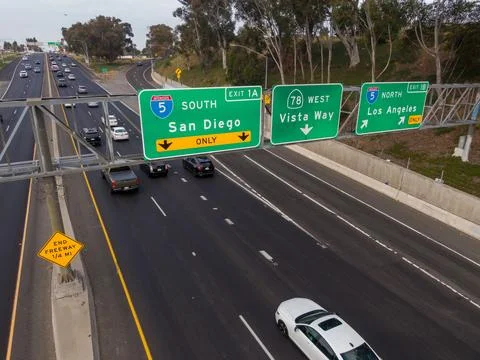 Overhead Highway Signs for Interstate 5 to SD and LA in Oceanside, California Stock Photos