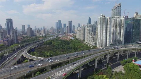 Overhead highways intersection in Shanghai aerial shot Video stock 118989827