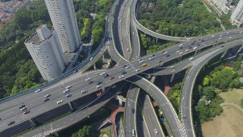 Overhead highways intersection in Shanghai aerial shot Stock Footage 118990911