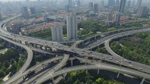 Overhead highways intersection in Shanghai aerial shot Stock Footage 118991106