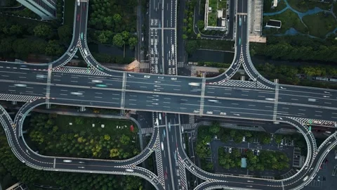 Overhead hyperlapse of traffic flow at complex highway interchange in Hangzhou Stock Footage 314550155