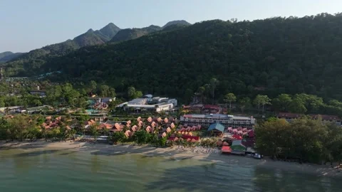 Overhead image of seaside accommodations at Klong Prao, Koh Chang, Thailand Stock Footage 310389533