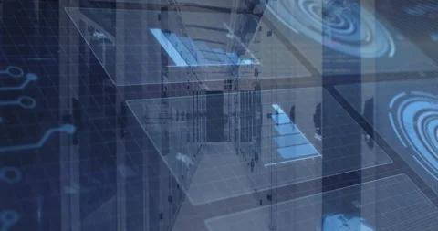 Overhead initiating panels stacking over server row, pulsing traces rotating Stock Footage 315551513