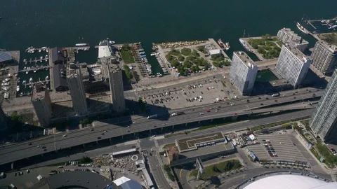 Overhead of Lakeshore Boulevard and the Gardiner Expressway in Toronto Stock Footage