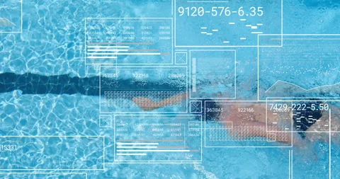Overhead lane initializing analytics tech swimmer entering causing overlays 動画素材 315545837