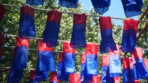 Overhead lantern blue red pan tilt morning Stock Footage 232347989