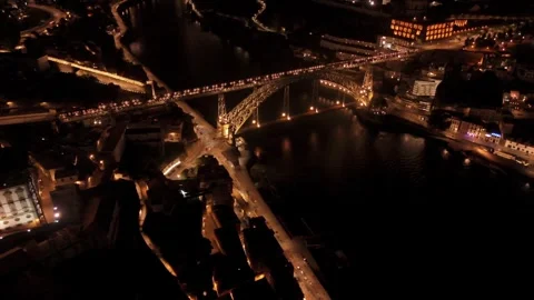 Overhead Night View of Dom Luis I Bridge and Douro Stock Footage 344798574