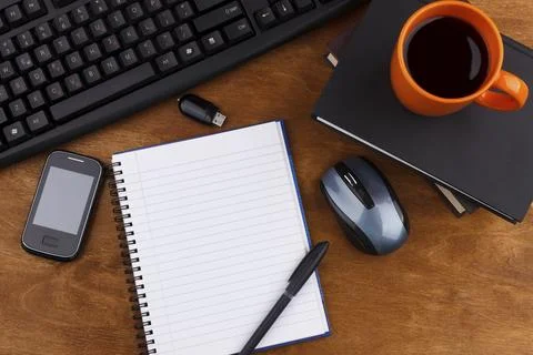 Overhead of office table with computer keyboard, mouse, smartphone, usb, Stock Photos