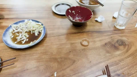 Overhead Pan Across Empty Plates on Wooden Restaurant Table After Meal Stock Footage 345103001