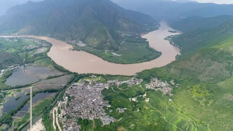 Overhead Panorama of First Bend of Yangtze River Lijiang China Stock Footage 336882509