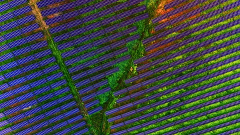 Overhead pattern of solar panel rows, Bulgaria Stock Footage 345152135