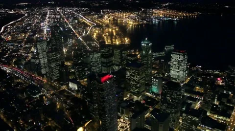 Overhead Perspective Looking Down on Downtown Seattle at Night Stock Footage 10604581
