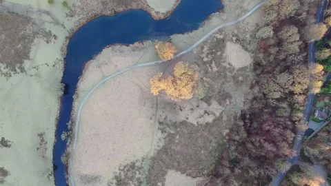 Overhead perspective of a river and pathway in a vibrant landscape, with trees. Stock Footage 295454896
