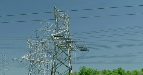 Overhead power line structure used in electric power transmission pan right Stock Footage 74632567